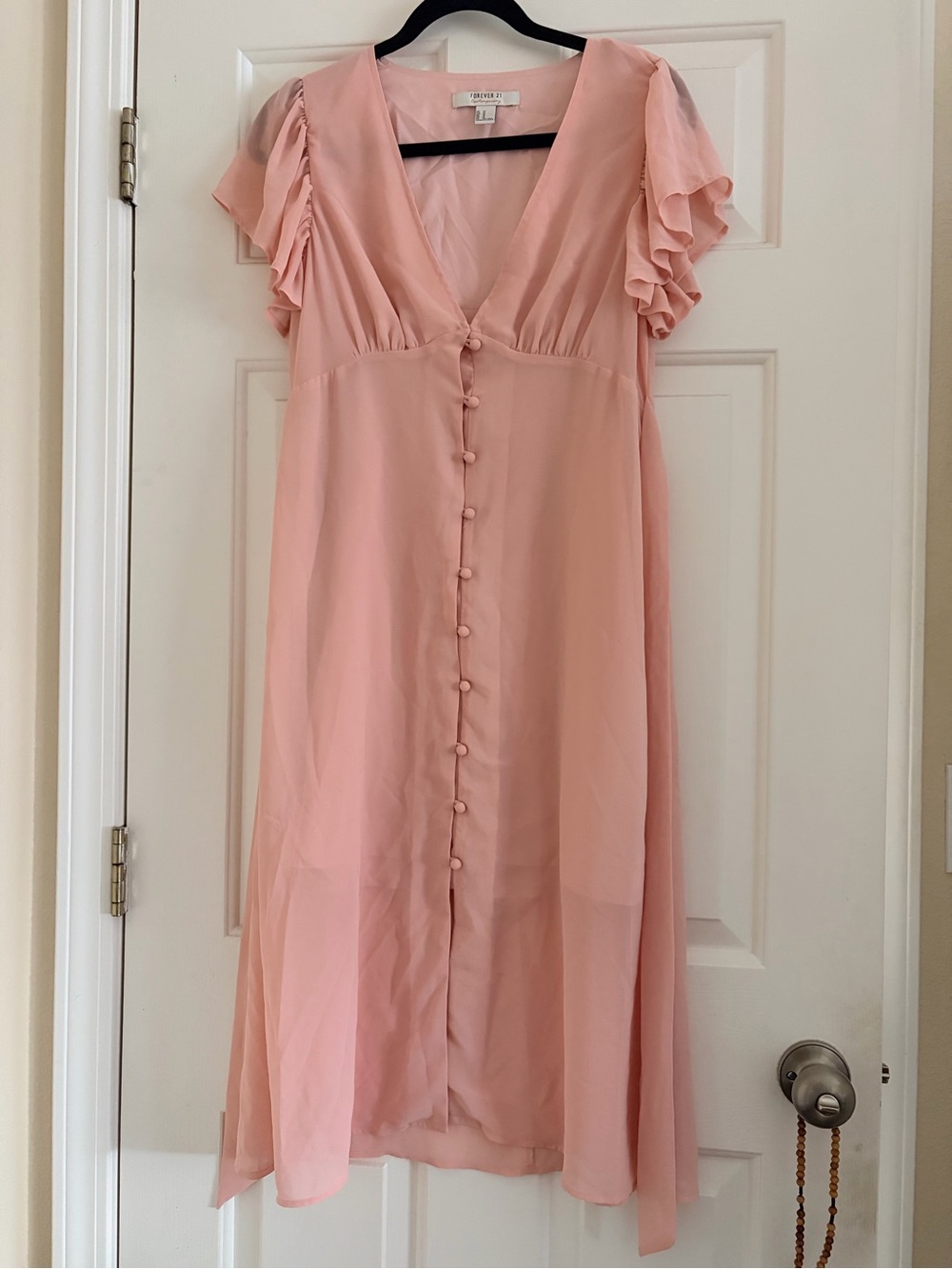 Forever 21 Soft Pink Button Down Midi Dress with Flutter Sleeves